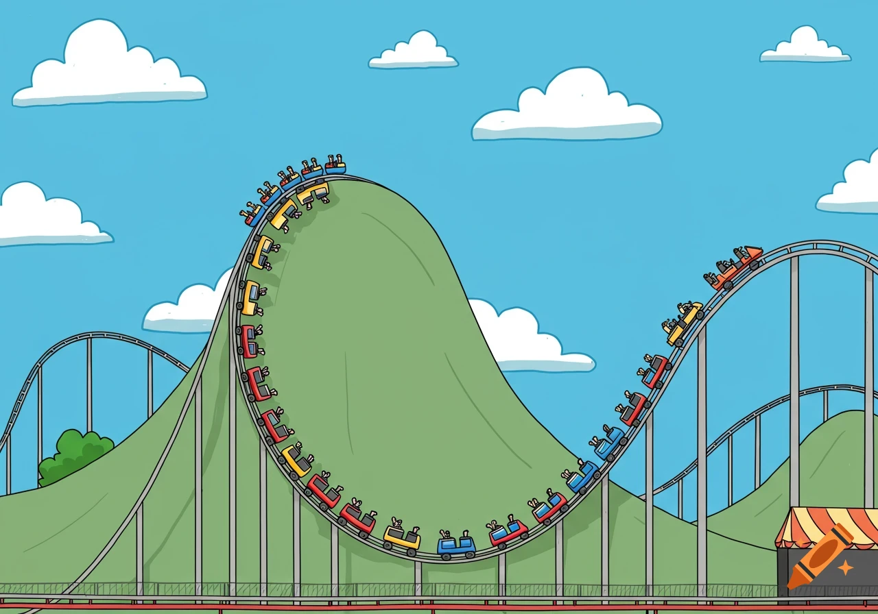 A vibrant cartoon roller coaster with cars ascending a large central hill and descending other tracks under a blue, cloudy sky.