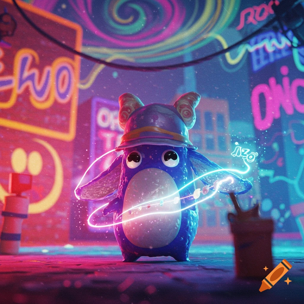 A cute blue, furry creature with large eyes and a purple hat stands in a neon-lit futuristic city street, with glowing energy circling it. The background features bright neon signs and buildings.