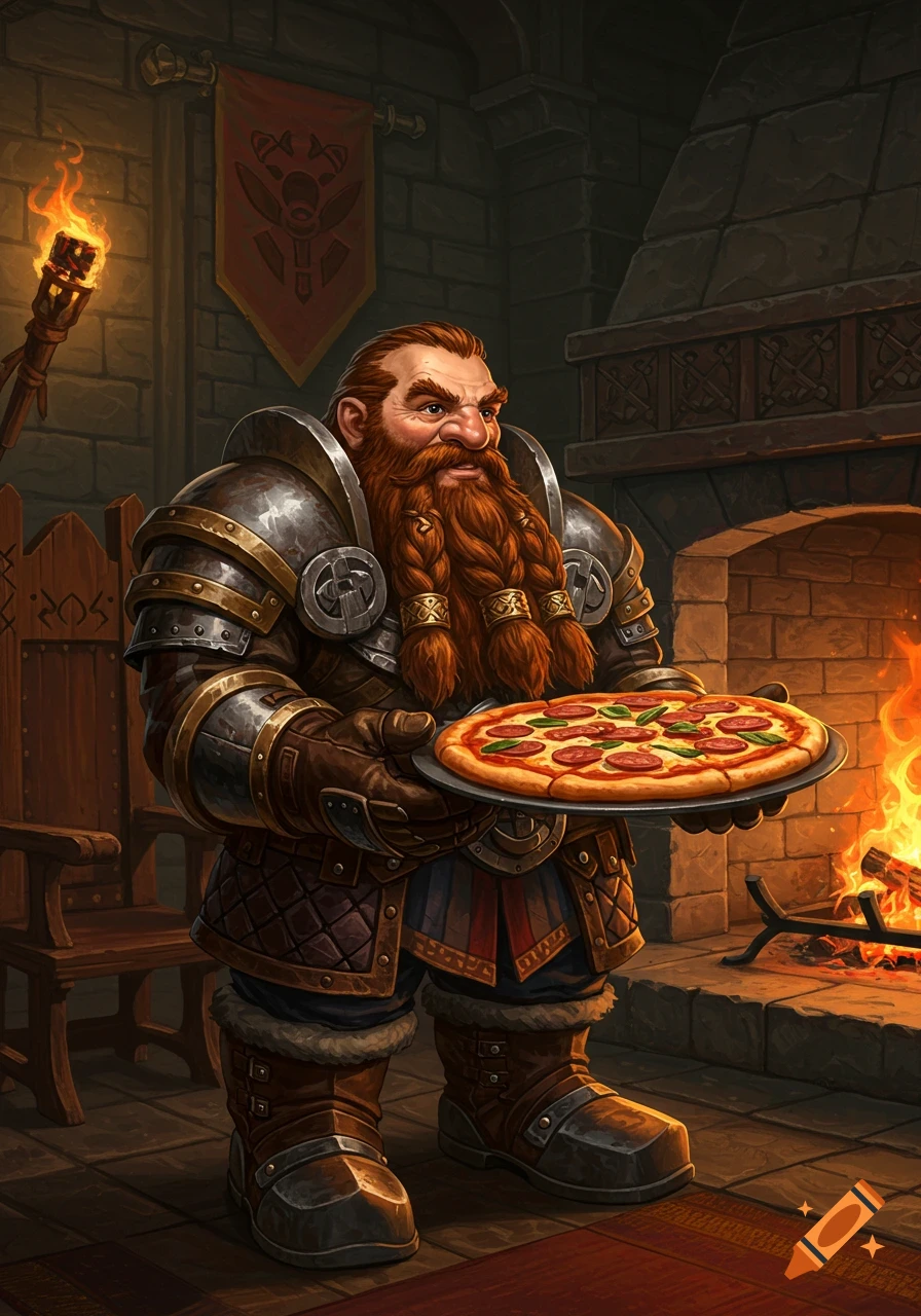 A fantasy dwarf with a braided red beard and armor holds a pizza in a ...