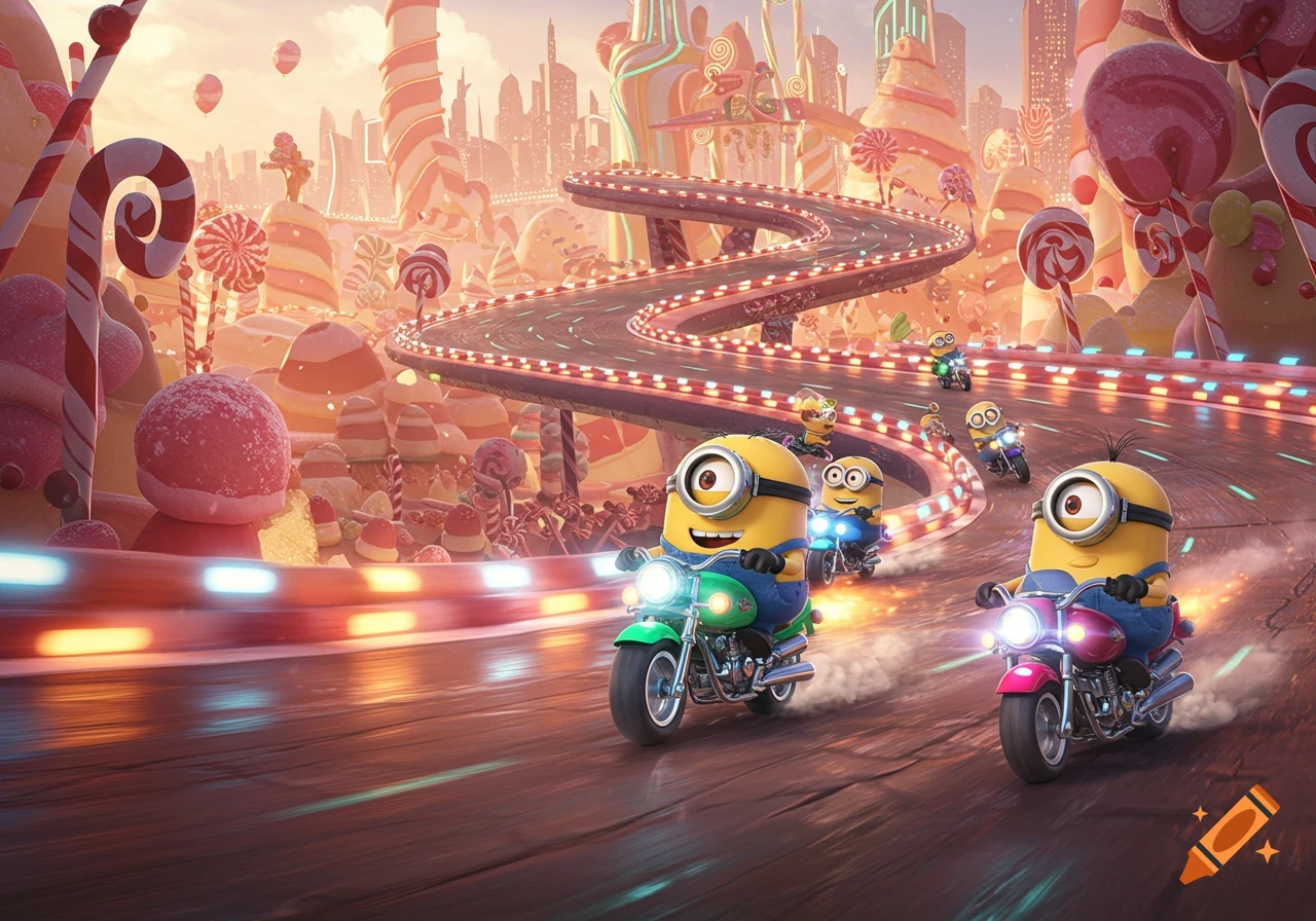 Minions race colorful motorcycles on a vibrant candy-themed track with a cityscape of sweets in the background, rendered in a 3D animation style.
