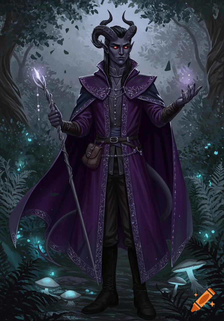 Dark-skinned tiefling with horns and red eyes, wearing a purple cloak, holding a glowing staff and orb in a mystical forest.