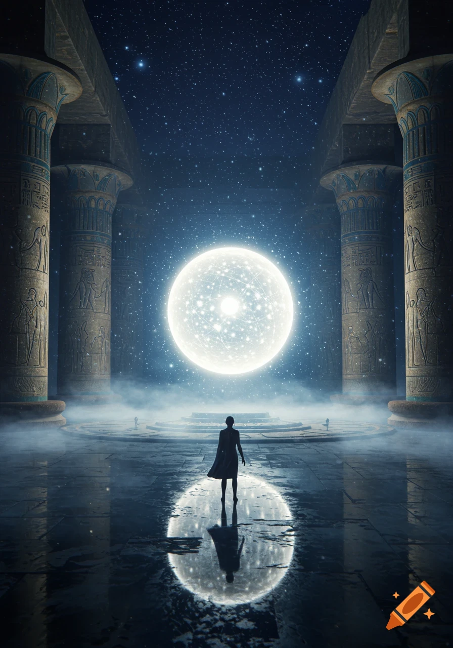 A silhouetted figure stands in a vast, ancient temple hall with towering pillars adorned with hieroglyphs under a starry night sky. A large, glowing celestial orb hangs in the center, reflecting in the wet floor.