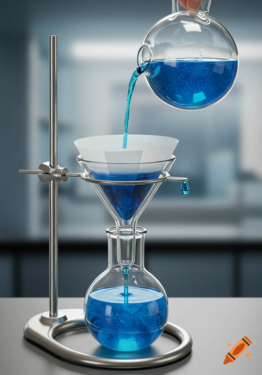 Blue liquid being poured from a round flask through a funnel with filter paper into another flask in a chemistry lab.