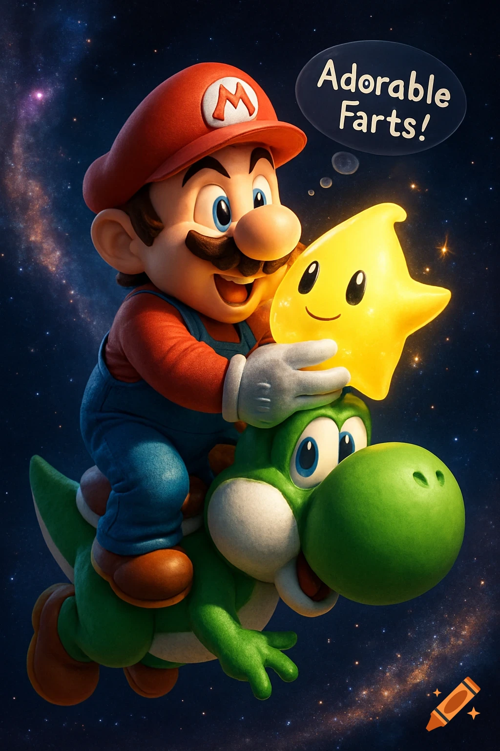 Mario rides Yoshi through space, holding a yellow Luma star, with a speech bubble saying 'Adorable Farts!'.