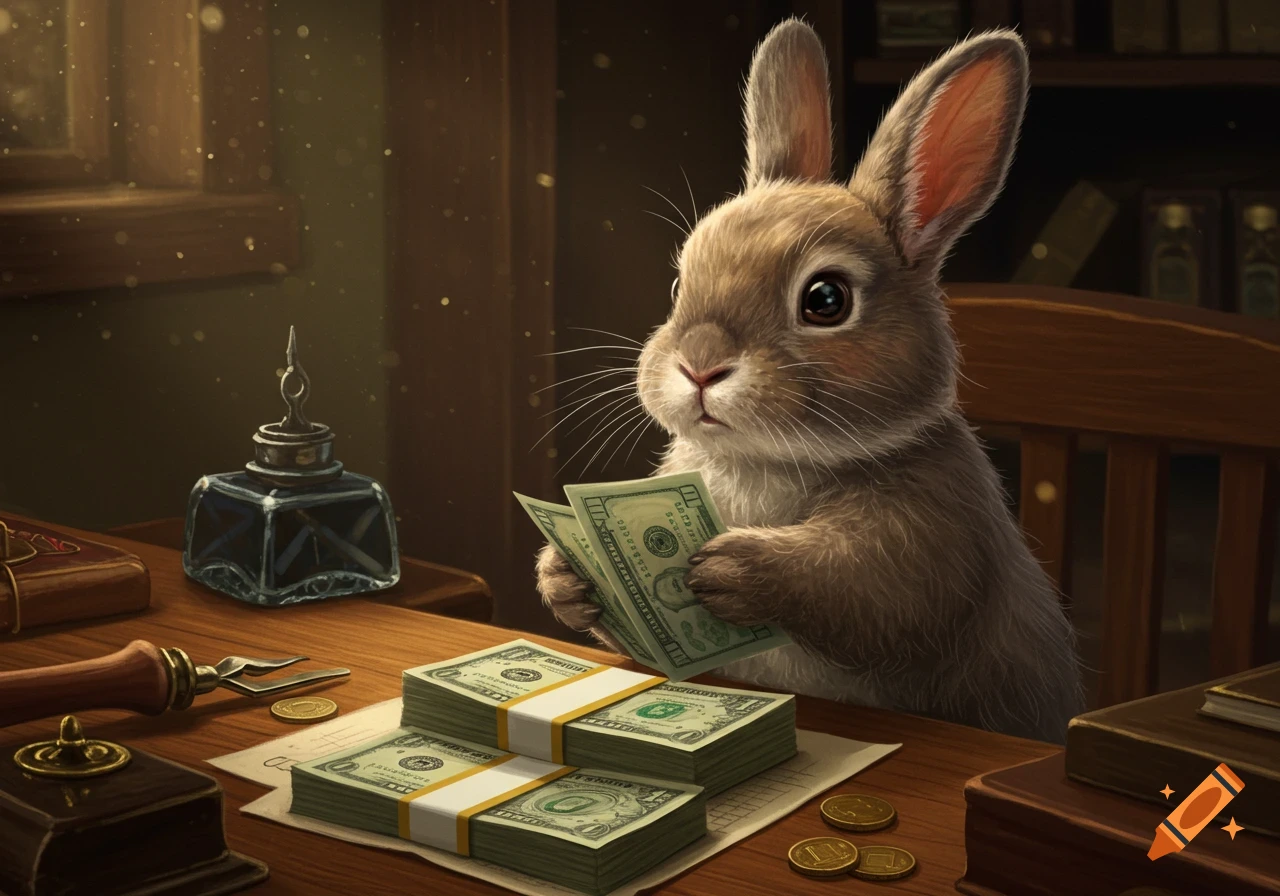 A cute realistic rabbit sits at a wooden desk, counting stacks of US dollar bills, with an inkwell and coins nearby.