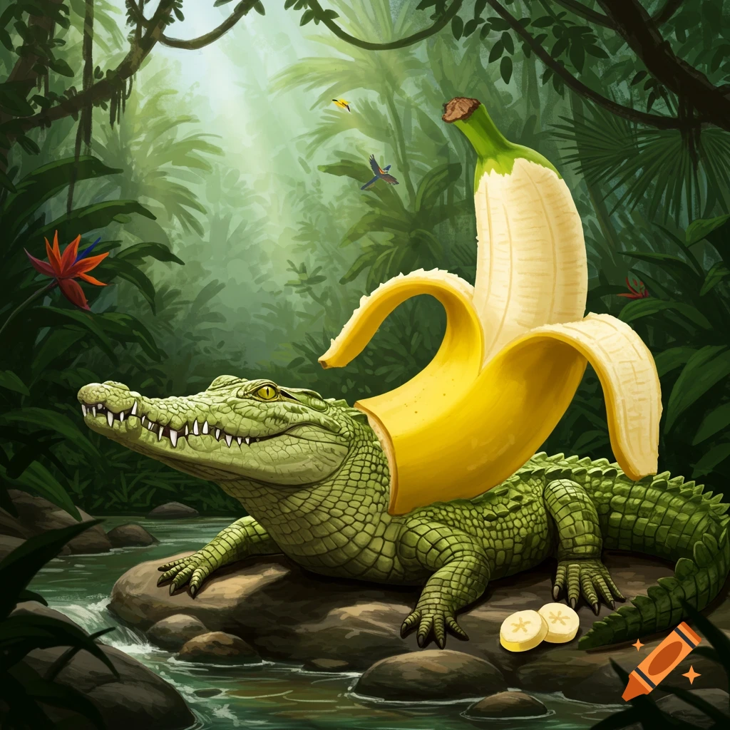 A stylized illustration of a green crocodile with a peeled yellow banana forming its upper body and tail, resting on rocks in a lush jungle stream.