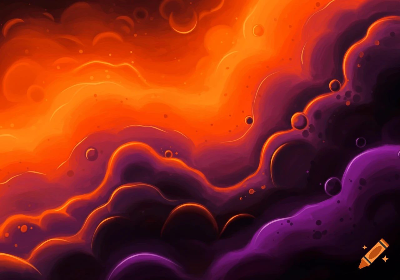Abstract background with swirling patterns of orange, black, and purple, featuring small glowing orbs.