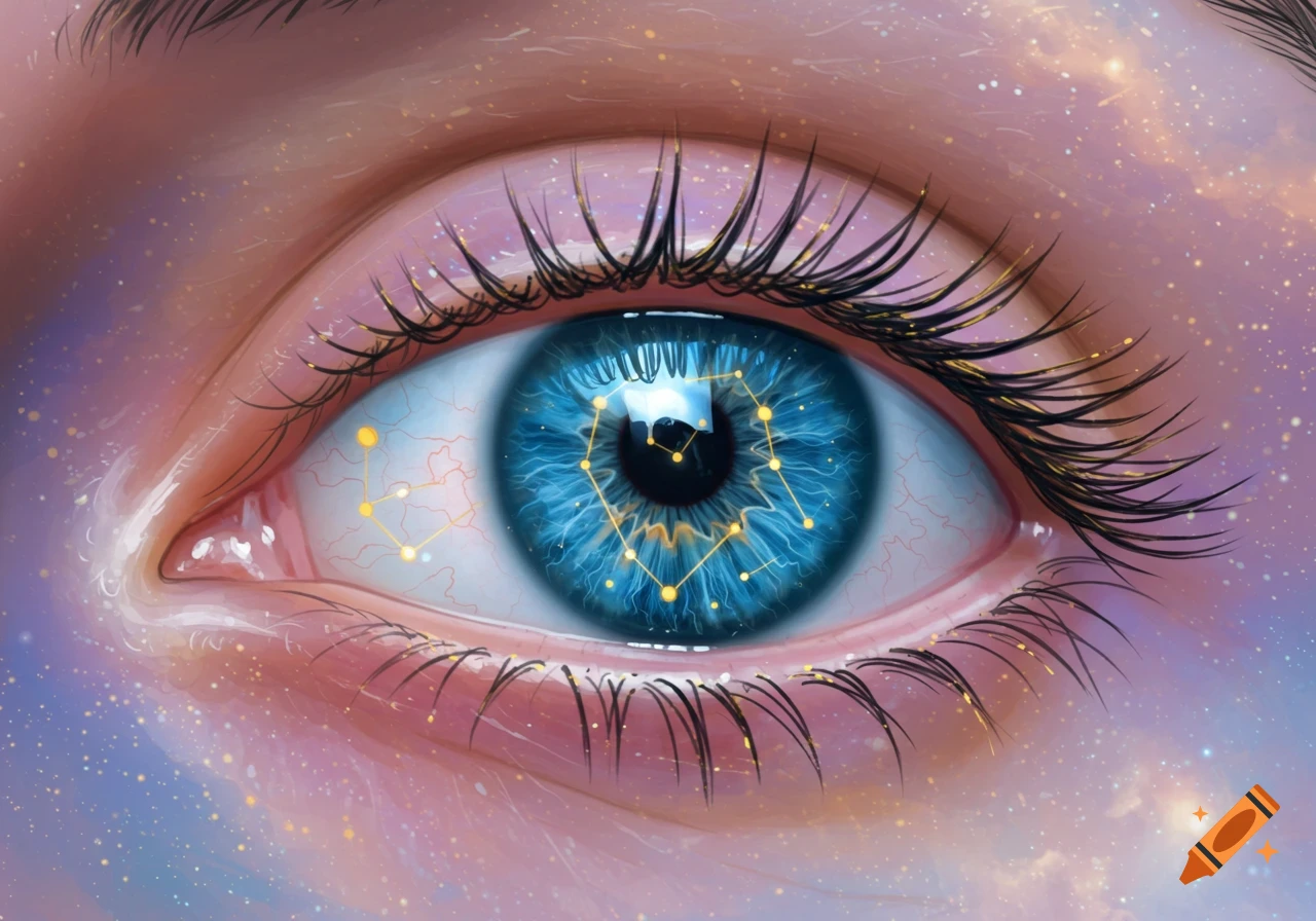 Close-up of a stylized blue eye with a glowing constellation in the iris, surrounded by starry, cosmic colors.