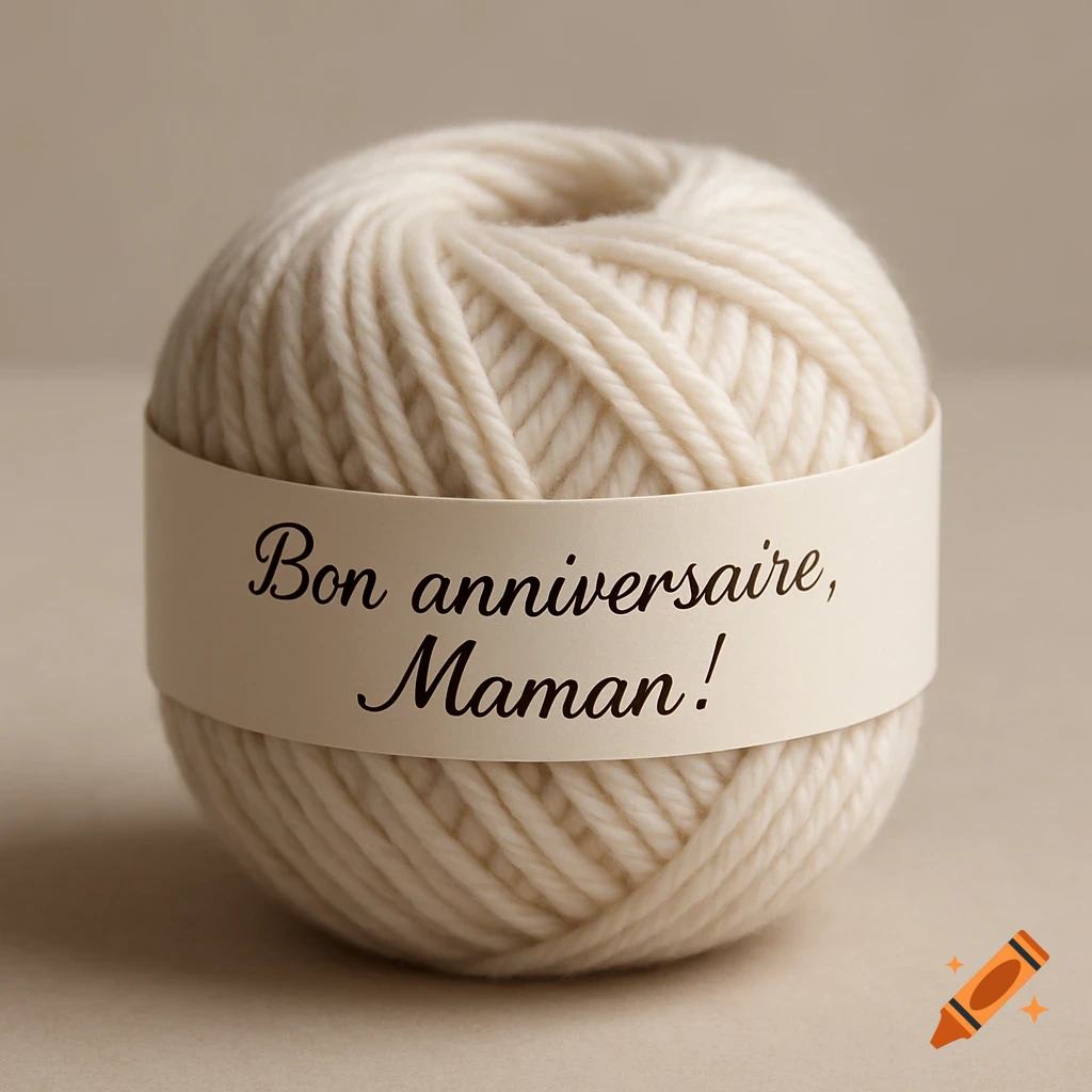 A realistic close-up of a ball of creamy white yarn with a beige label reading 'Bon anniversaire, Maman!' in script.