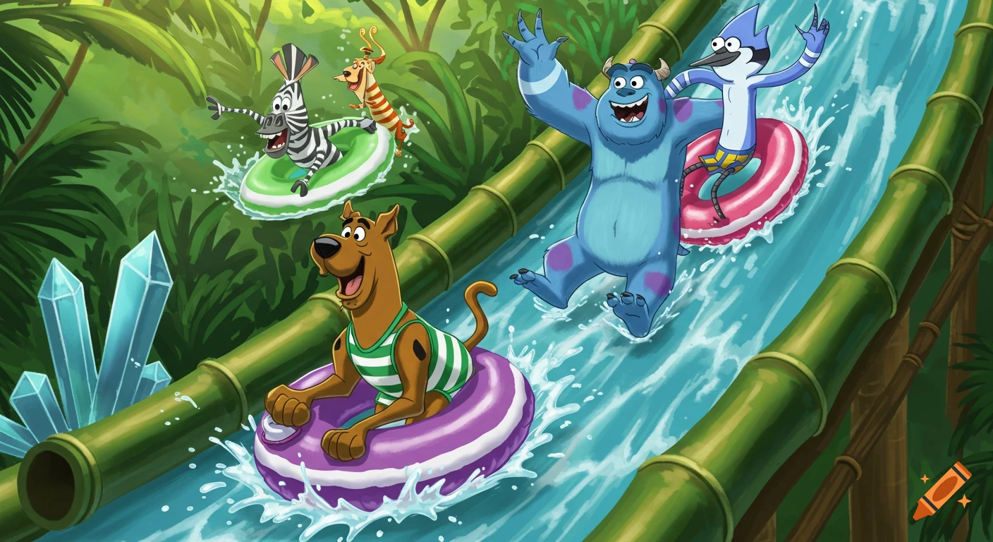 Scooby-Doo, Marty the zebra, Sully, and Mordecai ride inner tubes down a bamboo waterslide in a lush jungle.