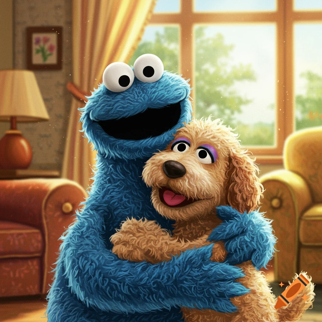 Cookie Monster, with a huge grin, hugs a fluffy brown dog muppet in a brightly lit room.