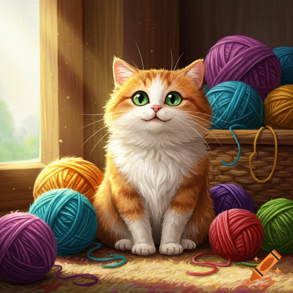 A fluffy orange and white cat with bright green eyes sits among many colorful balls of yarn by a sunny window.