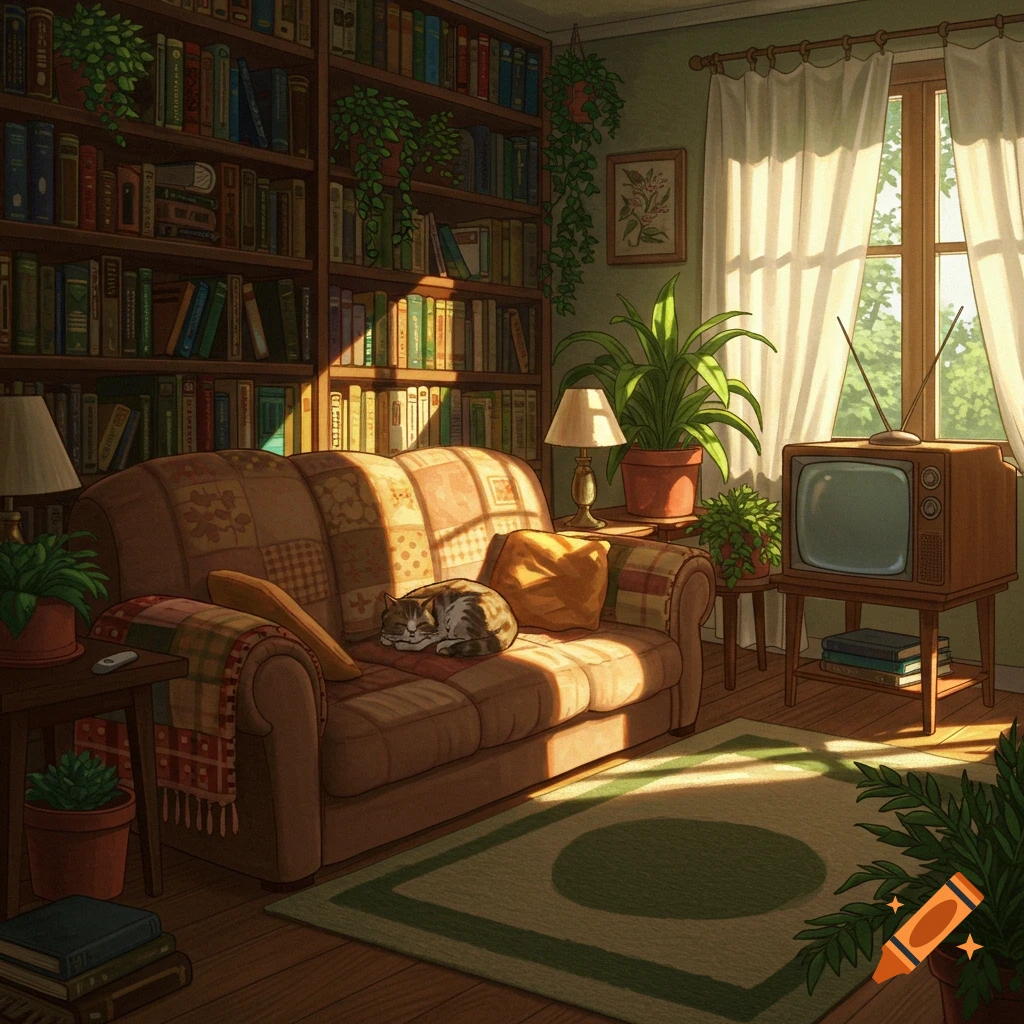 Sunlight streams into a cozy cottagecore living room with a cat sleeping on a patchwork sofa, surrounded by bookshelves, plants, and a vintage TV.