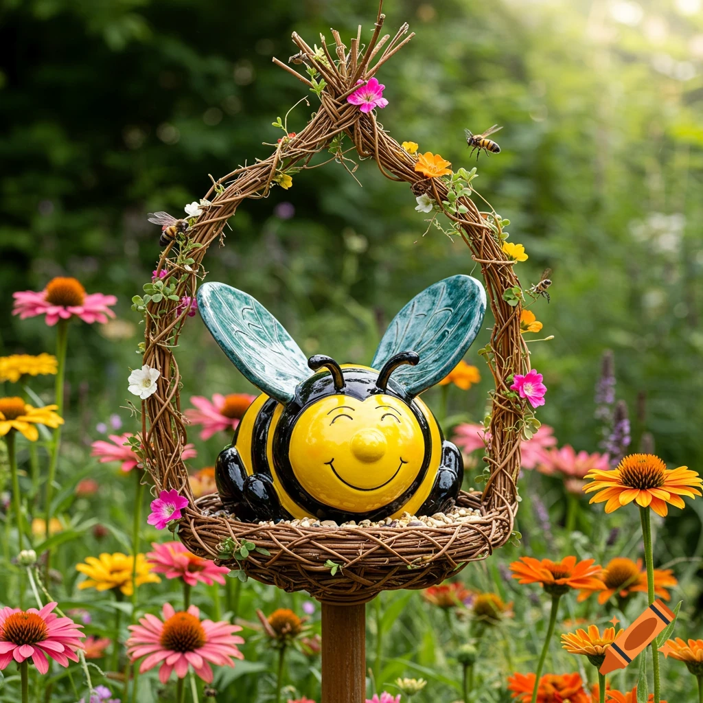 Smiling yellow and black ceramic bee sculpture in a woven feeder basket with flowers in a vibrant garden.