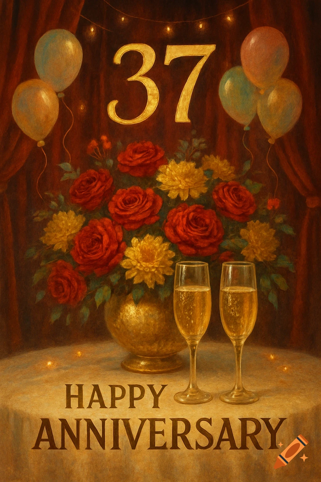 A painterly anniversary card featuring a golden '37', balloons, a floral bouquet, champagne, and 'HAPPY ANNIVERSARY' text.