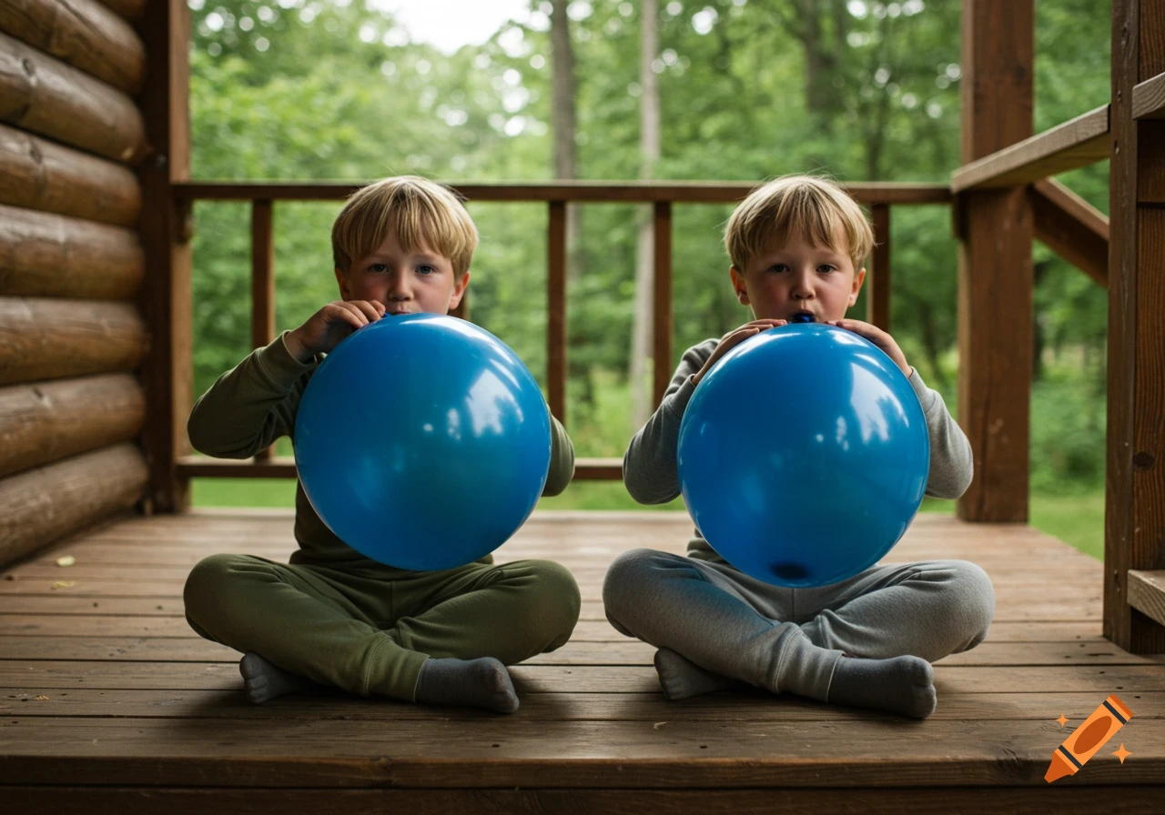 Two young boys sit cross-legged on a wooden porch, intently blowing up large blue balloons with a forest backdrop in a realistic style.
