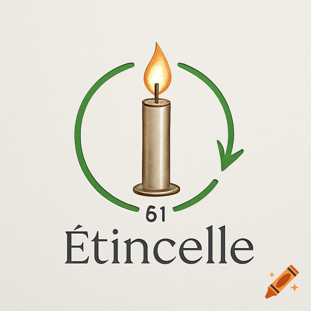 Illustrated logo featuring a candle with a flame, encircled by a green recycling arrow, above the text '61 Étincelle'.