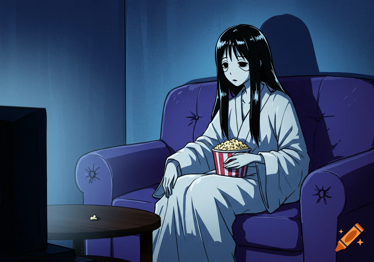 Anime ghost woman with long black hair, in a white robe, sits on a purple couch in a dark room, holding a bucket of popcorn and watching TV.