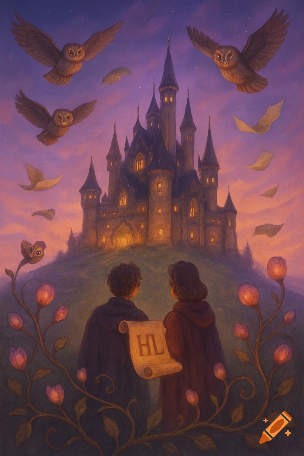 Two figures gaze at a grand castle on a hill under a purple twilight sky with flying owls and glowing flowers, holding a scroll with 'HL'.