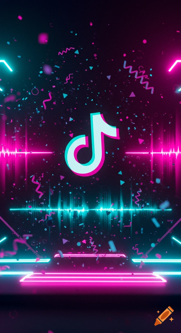 TikTok logo in neon pink and blue with sound waves, confetti, and glowing lines on a dark background.