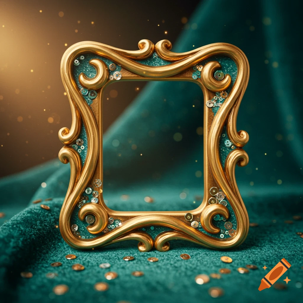 Ornate gold squiggly picture frame with teal glitter and jewels on a teal velvet surface with scattered gold glitter, warm lighting.