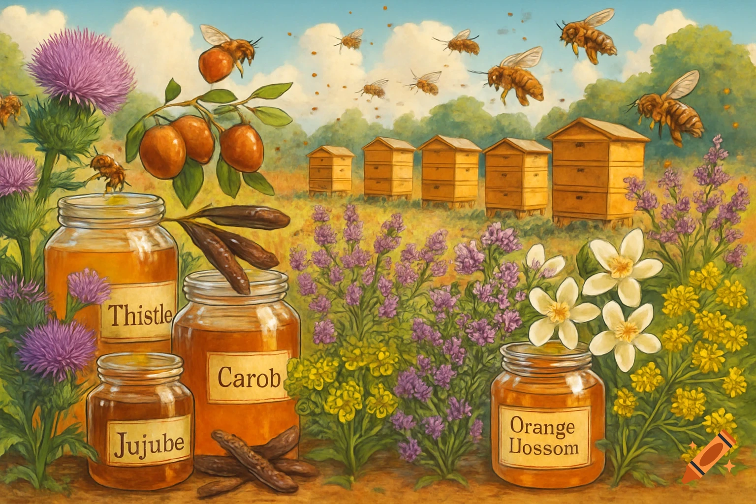 A colorful illustration of honey jars labeled Thistle, Carob, Jujube, and Orange Blossom, surrounded by bees, beehives, and various flowering plants in a vibrant field under a blue sky.