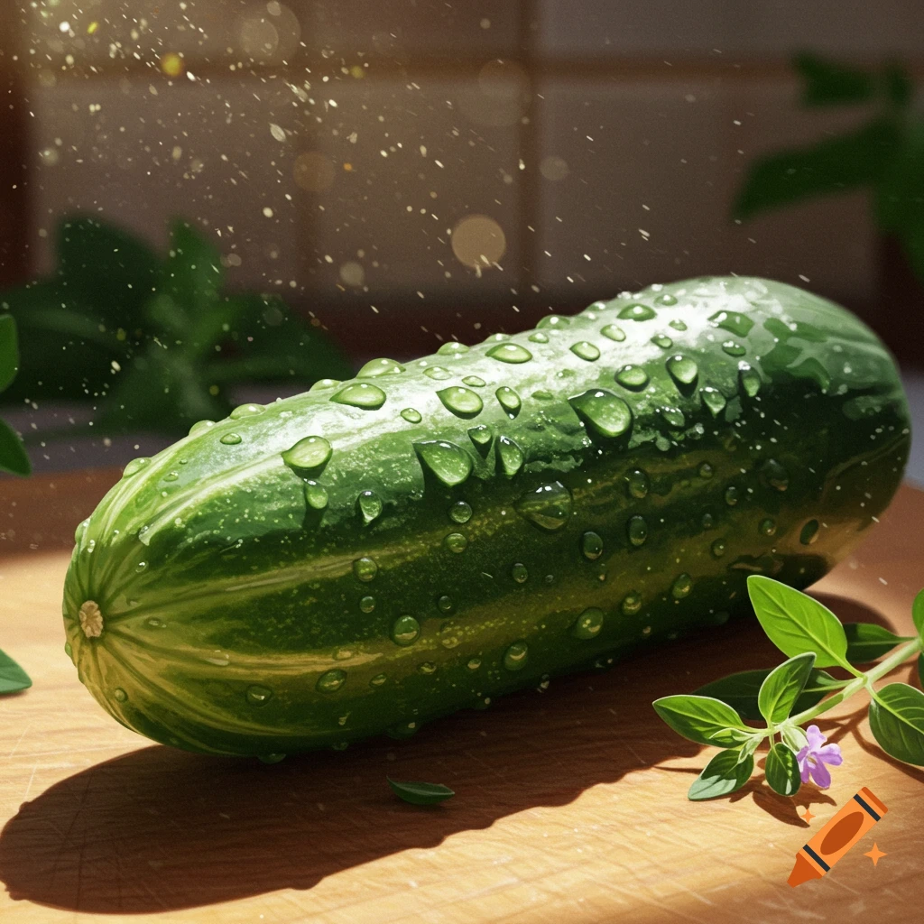 A fresh green cucumber covered in water droplets lies on a wooden cutting board, with green leaves and bokeh lights in the background.