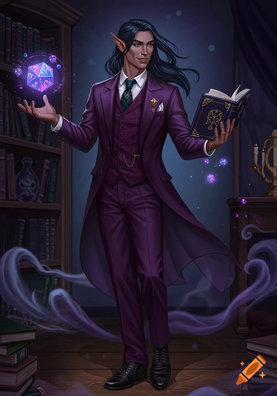 A charismatic half-elf sorcerer in a purple three-piece suit stands in a library, holding a black grimoire and a glowing D20 magic dice.