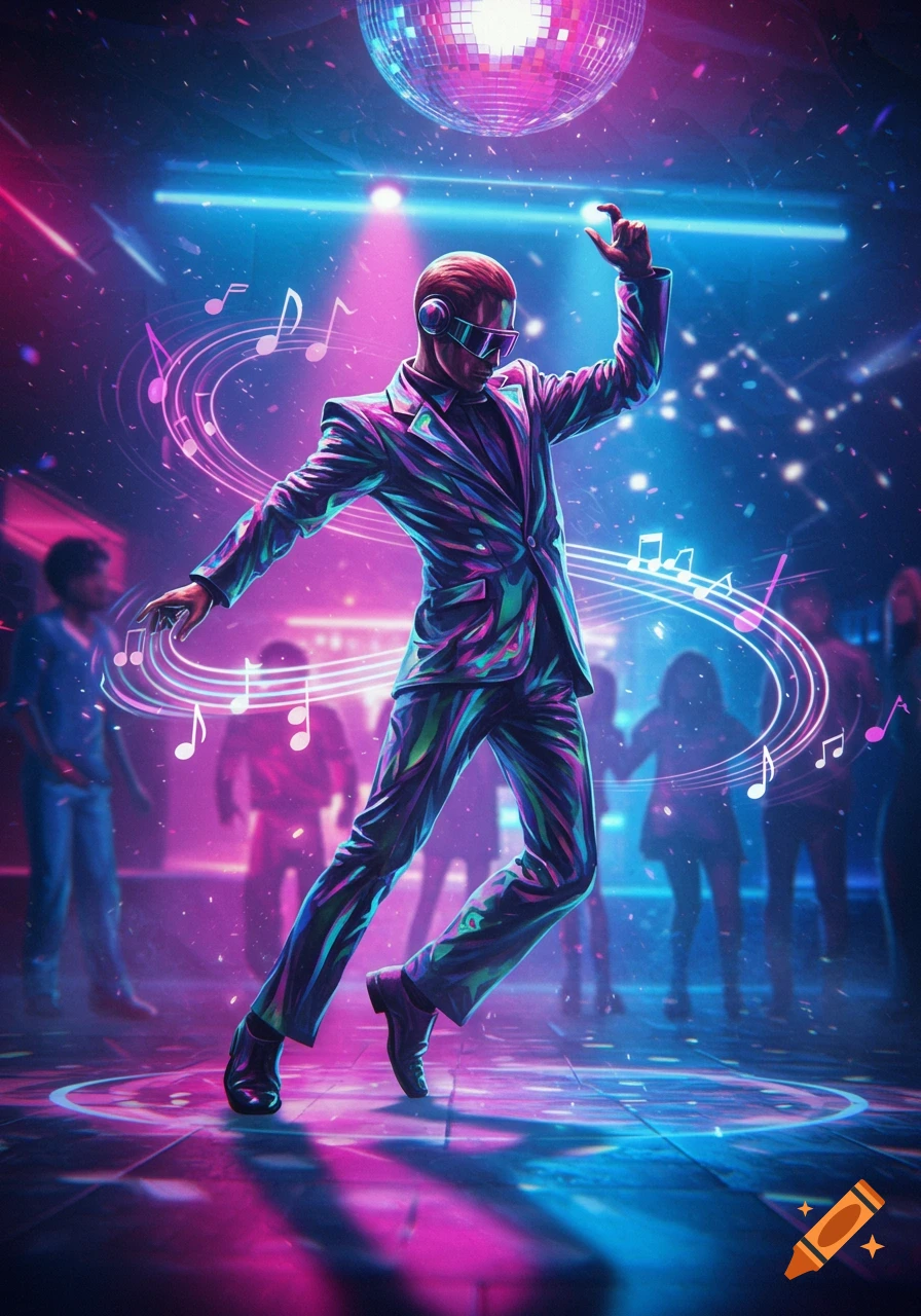 A man in a colorful holographic suit and visor dances under a disco ball and neon lights in a vibrant club, surrounded by musical notes.
