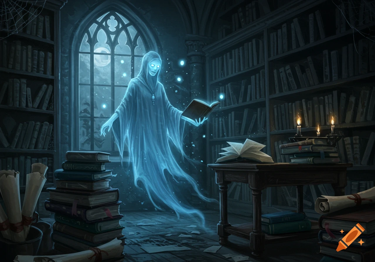 A spectral, hooded ghost with glowing eyes floats in a dimly lit, old library, holding an open book near a gothic window and full moon.