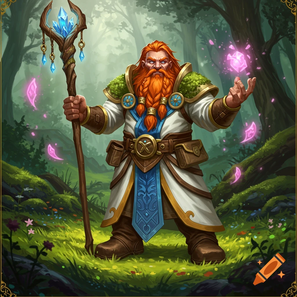 A red-headed dwarf wizard-druid in white and blue robes, holding a crystal staff and casting magic in a forest.