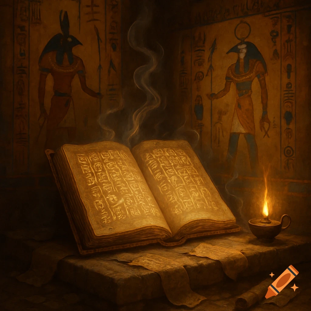 An ancient, glowing book with hieroglyphs lies open on a stone altar, surrounded by scrolls and an oil lamp, in a dark Egyptian tomb with wall paintings of deities.