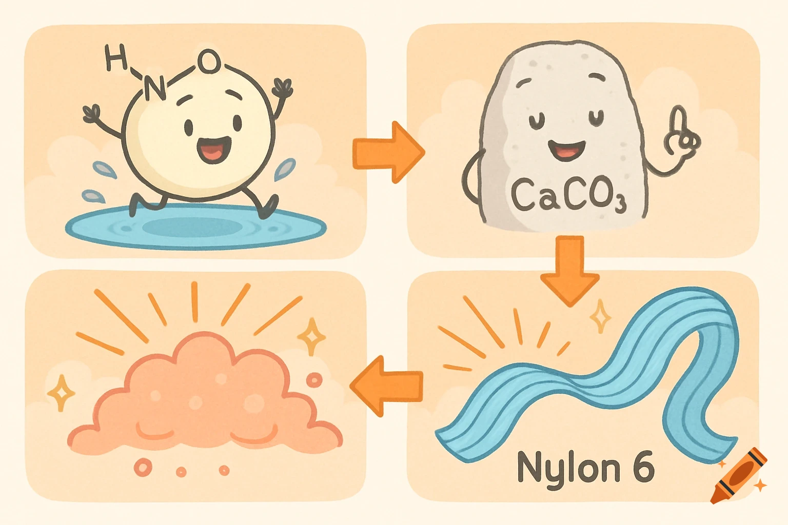A four-panel cartoon diagram showing the chemical pathway between caprolactam, calcium carbonate (CaCO₃), and nylon 6, with animated characters and arrows indicating a loop.
