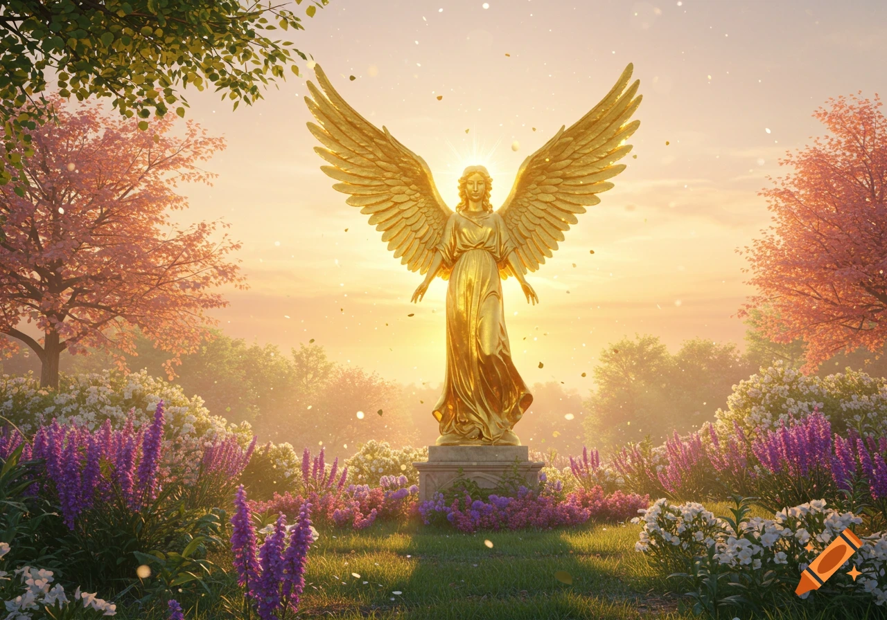 A shimmering golden angelic statue with large wings stands in a vibrant garden filled with flowers and trees, bathed in the warm light of a sunset.