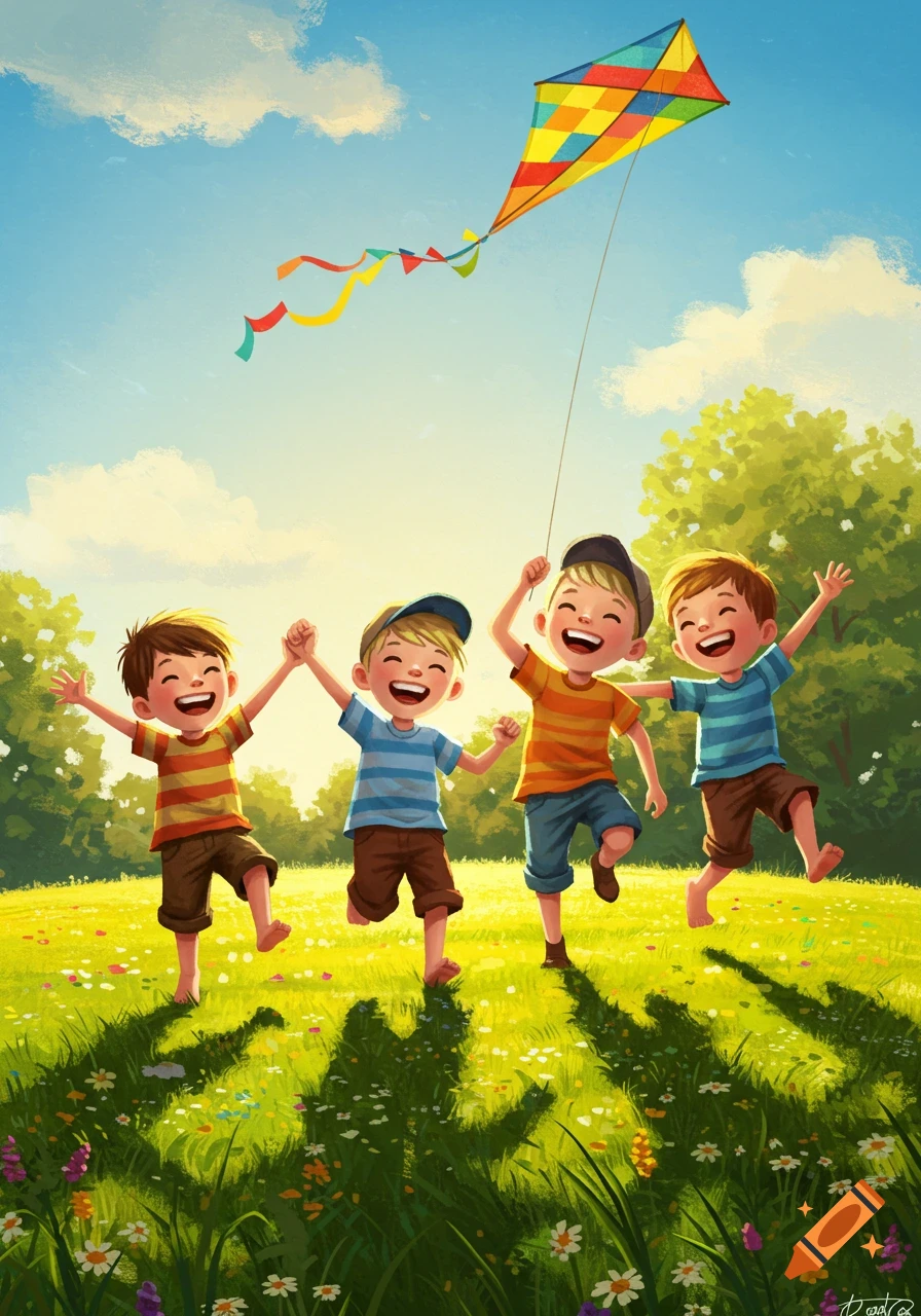 Four happy boys run laughing through a sunny green field, flying a colorful kite in a vibrant illustration.