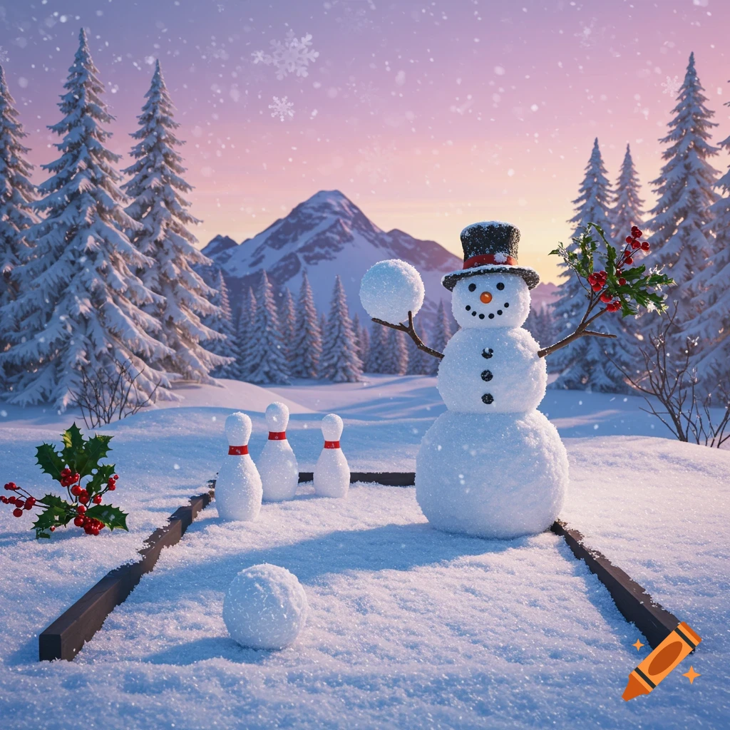 A snowman wearing a top hat holds a snowball, aiming at three snow-covered bowling pins in a snowy winter landscape with pine trees and mountains at sunset.
