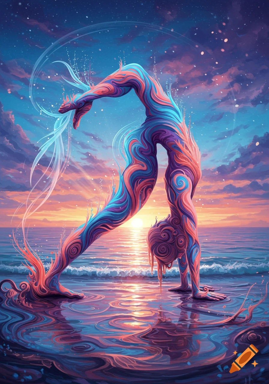 A colorful, abstract figure in a downward dog yoga pose at sunset on a beach, rendered in a psychedelic art style.