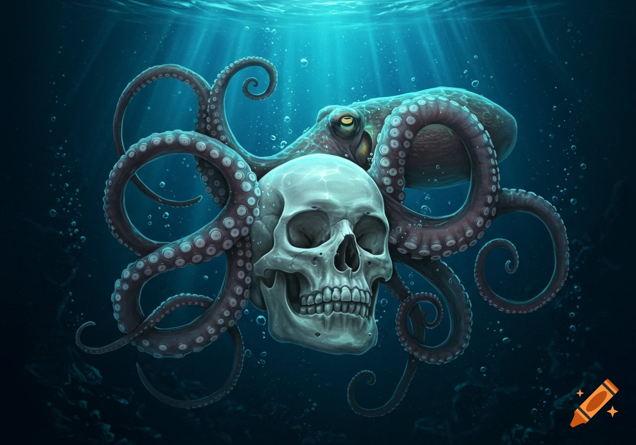 A stylized octopus wraps its tentacles around a human skull in a deep blue underwater scene with light rays and bubbles.