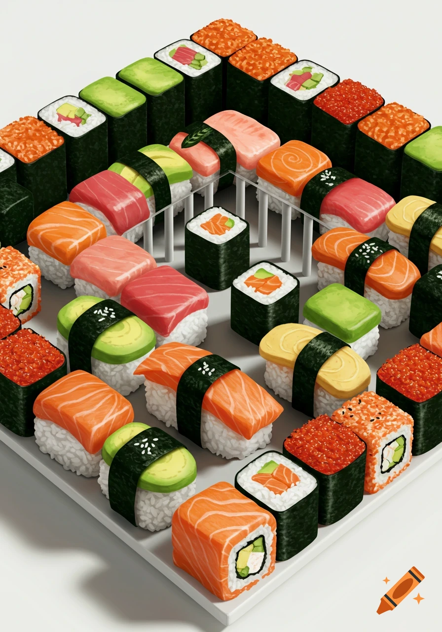 A creative arrangement of various sushi pieces, including nigiri and maki rolls, forming a grid-like pattern on a white surface.