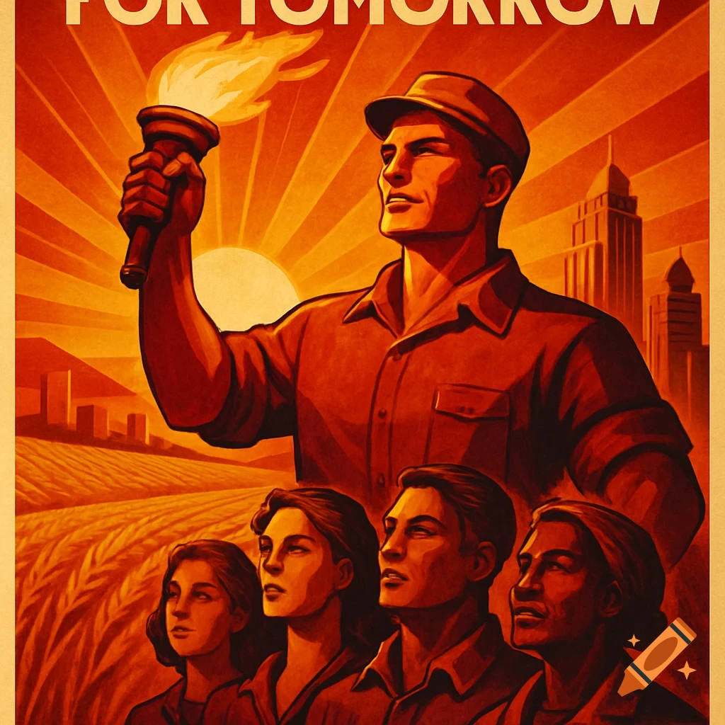 Propaganda art style poster of a man holding a torch, with a crowd, cityscape, and rising sun. Text reads 'FOR TOMORROW'.