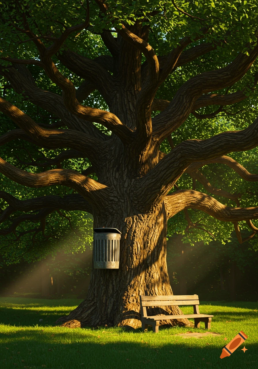 Photorealistic image of a large, mature tree with a metal trash can attached to its trunk and a wooden bench at its base, in a sunlit grassy park.
