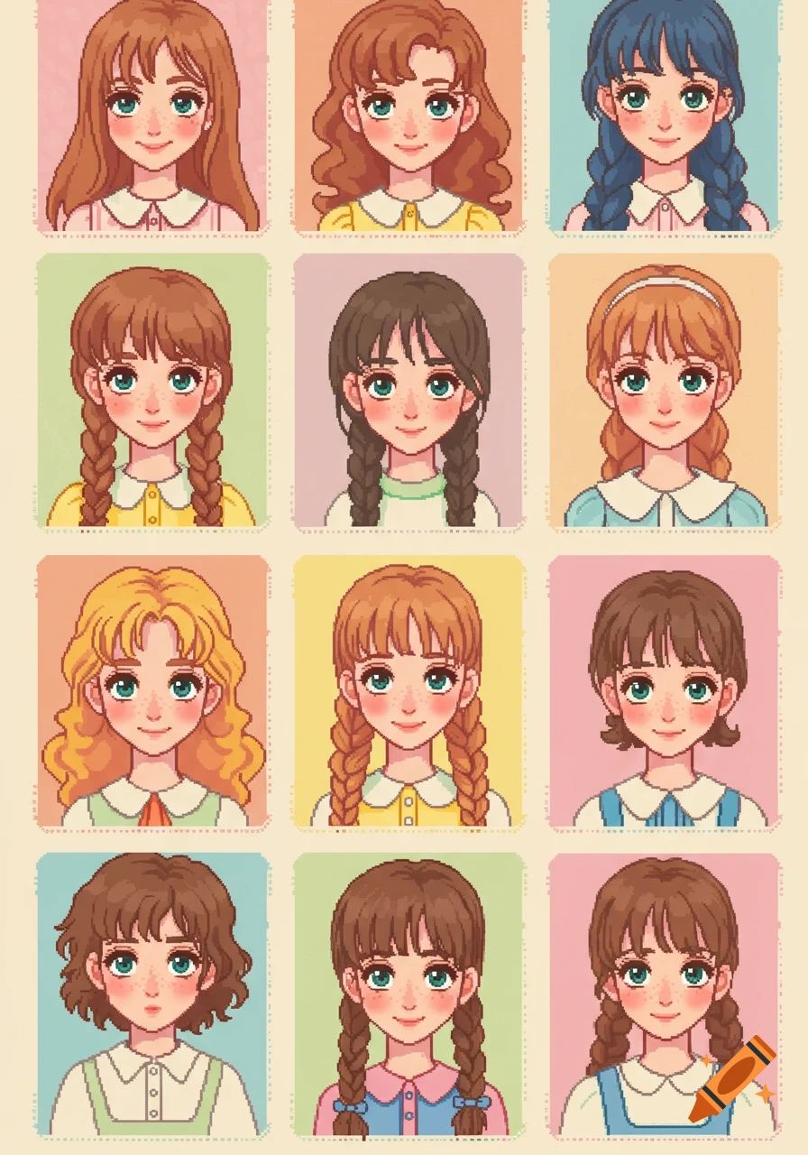 A grid of twelve pixel art portraits of young girls with various hair colors and styles, green eyes, and freckles, wearing collared shirts.
