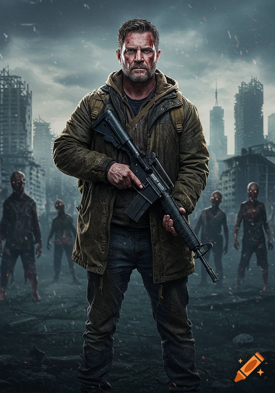 A grim survivor with an M4 carbine stands in a ruined city with zombies behind him, in a photorealistic style.