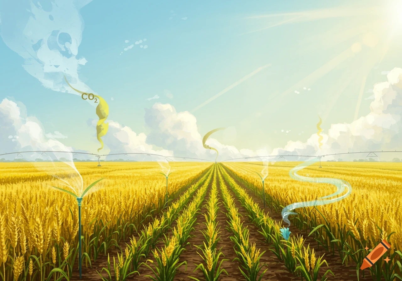 A stylized illustration of a golden wheat field with irrigation systems, under a bright sky, with CO2 emissions rising from the ground.