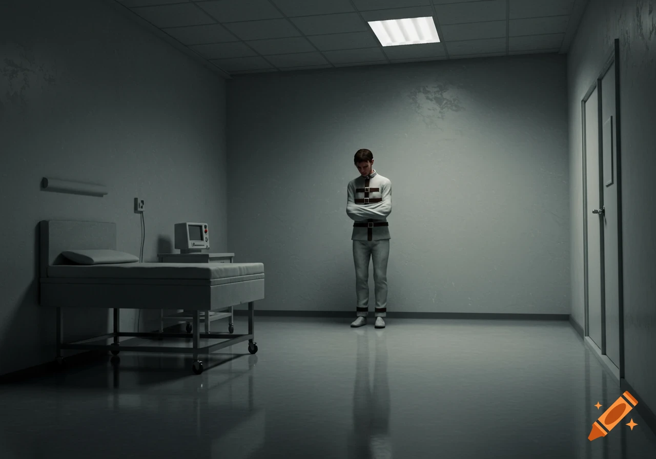 A person in a straitjacket stands looking down in a drab, gray hospice room with a bed and monitor, in a PlayStation 2 game style.