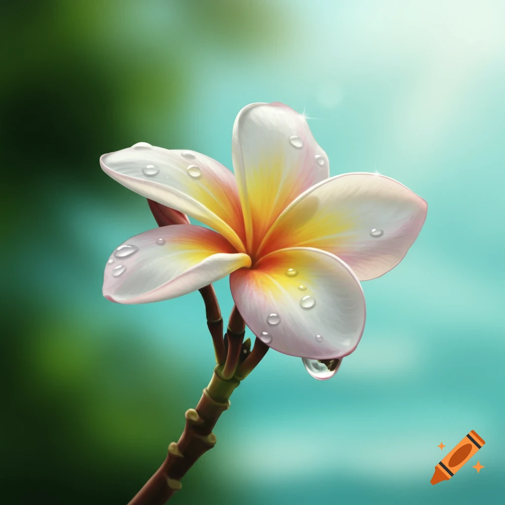 A vibrant frangipani flower, white with yellow and orange at its center, covered in dewdrops, against a blurred green and blue background.
