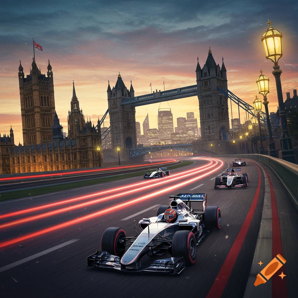 Photorealistic image of Formula 1 cars racing at dusk on a London street, with the Houses of Parliament and Tower Bridge in the background.