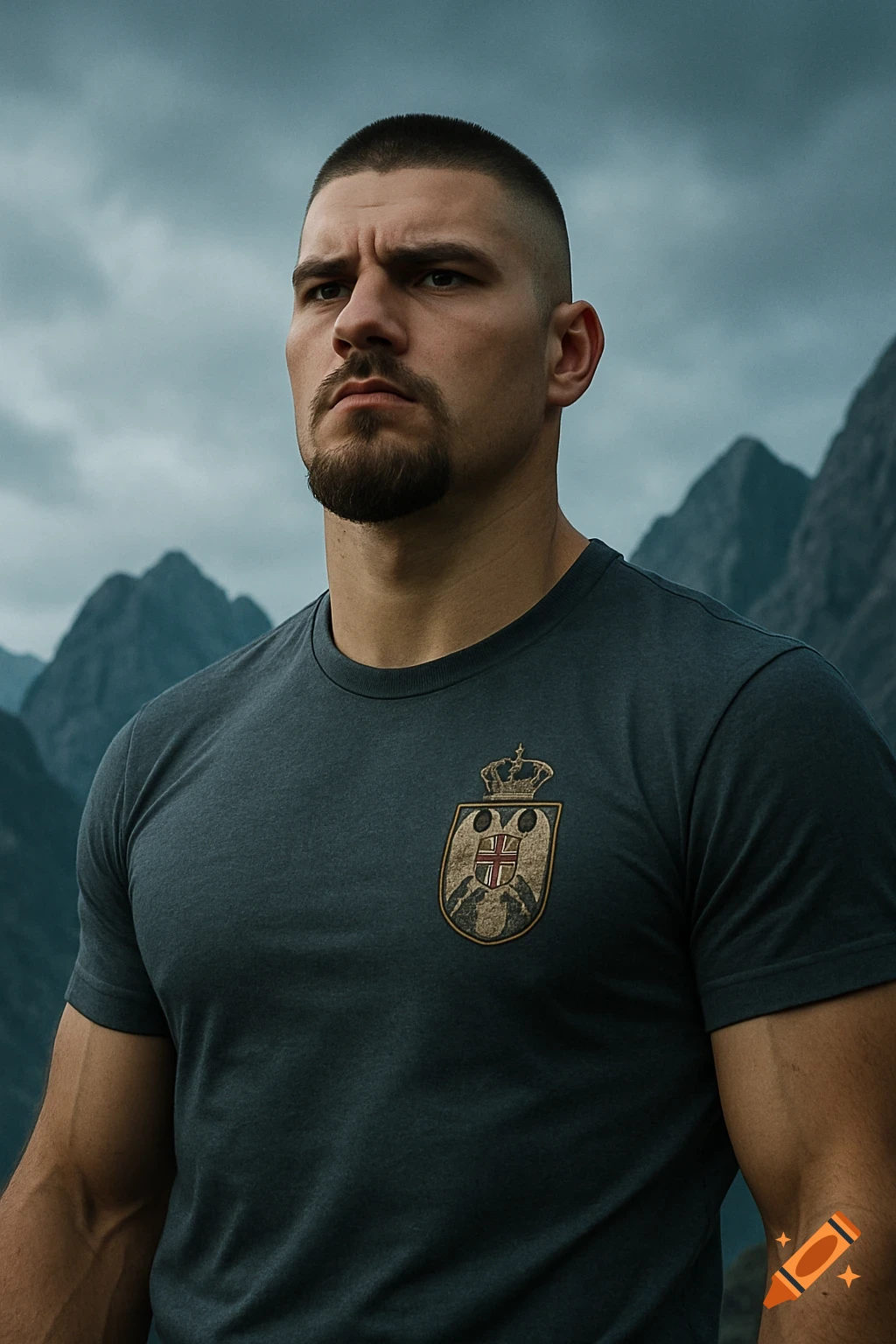 A muscular man with a buzz cut and goatee, wearing a dark t-shirt with a Serbian logo, stands stoically looking left against a backdrop of cloudy mountains.