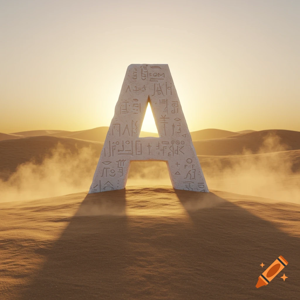 A large stone letter 'A' with ancient carvings stands in a vast desert at sunset, dust swirling.