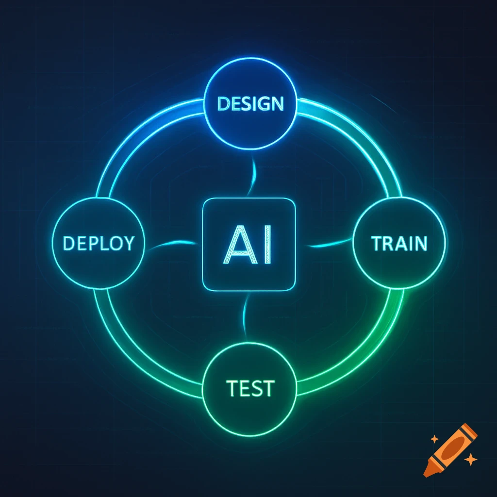 A neon blue and green diagram illustrating the AI development lifecycle: DESIGN, TRAIN, TEST, DEPLOY, with 'AI' at the center.